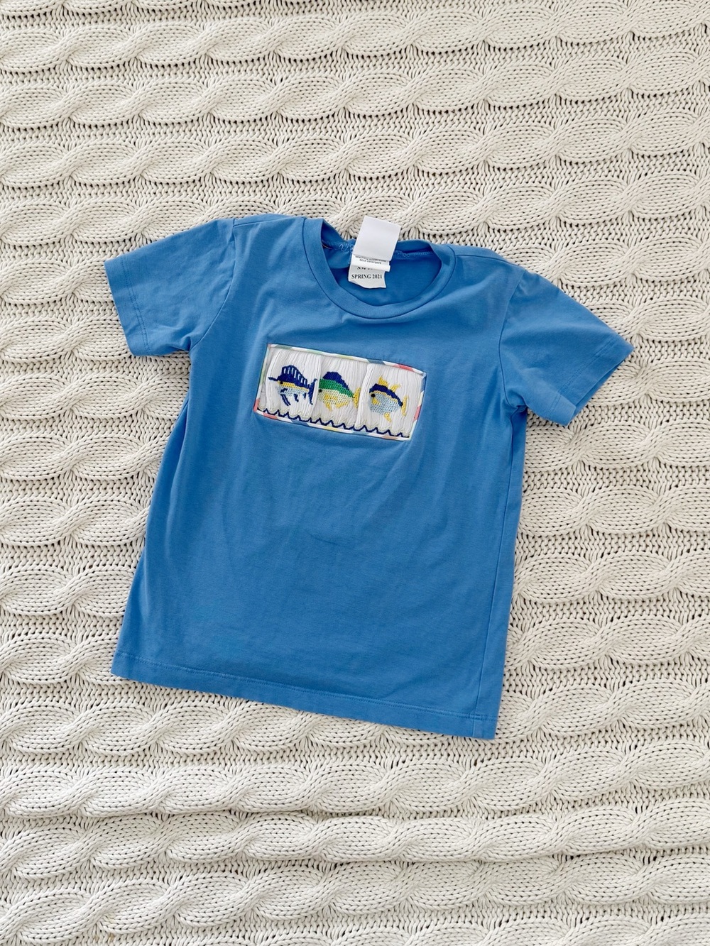Stitchy Fish Vintage Kids Blue Short-Sleeve Kids Tee with Fish Patch